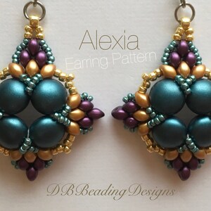 May include: Teal, gold, and purple beaded earrings with a geometric design. The earrings are labeled "Alexia Earring Pattern" and "DB Beading Designs".