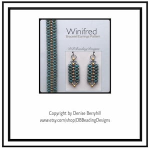 May include: A beaded bracelet and earrings pattern called "Winifred" by DB Beading Designs. The pattern features teal and gold beads.