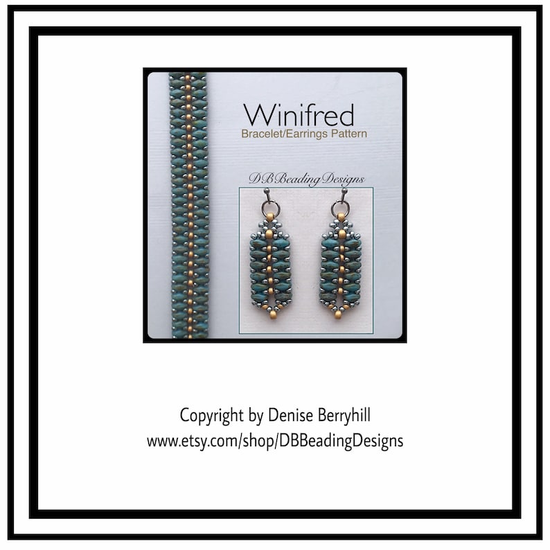 May include: A beaded bracelet and earrings pattern called "Winifred" by DB Beading Designs. The pattern features teal and gold beads.