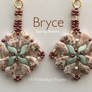 May include: A pair of dangle earrings with a geometric design featuring white, brown, and green beads. The earrings are labeled "Bryce Earring Pattern".