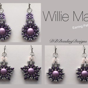 May include: Two pairs of earrings with a purple and silver bead design. The earrings are in the shape of a flower and a star. The earrings are labeled "Willie May Earring Pattern DB Beading Designs".