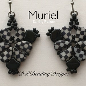 May include: A pair of black and white checkerboard patterned earrings with black beads. The earrings are called "Muriel" and are a beading pattern by DB Beading Designs.