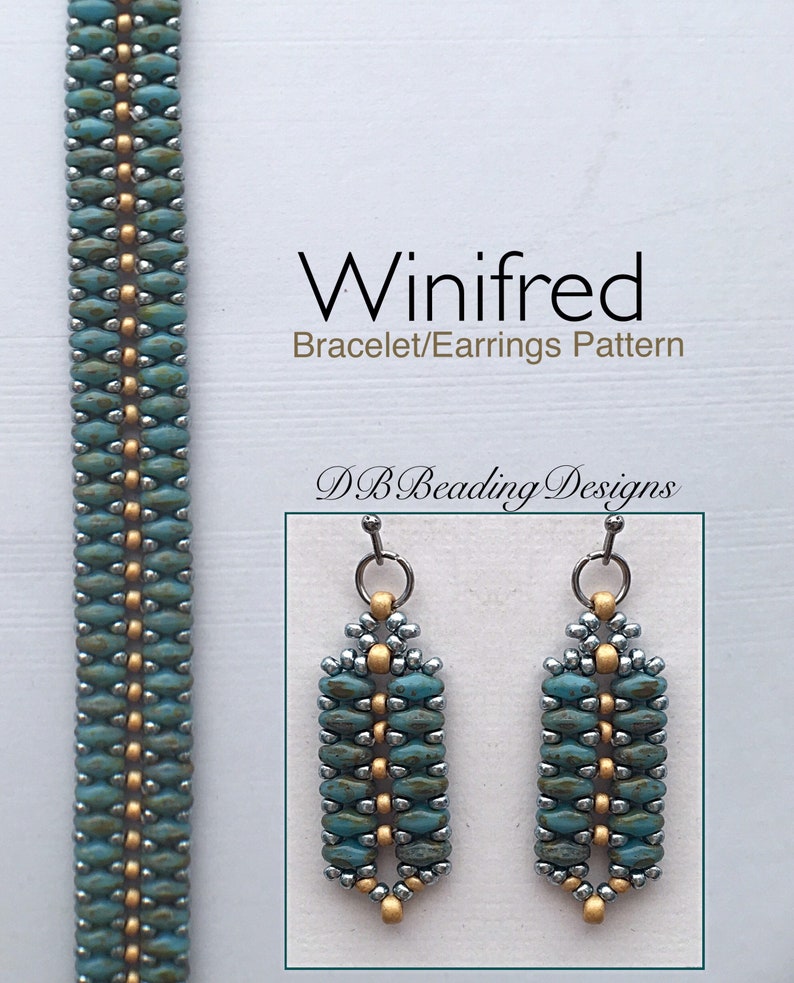 May include: A beaded bracelet and earrings pattern called "Winifred" by DB Beading Designs. The pattern features teal and gold beads.