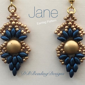 May include: A pair of gold and blue beaded earrings with a gold bead in the centre. The earrings are labelled "Jane Earring Pattern" and "DB Beading Designs".