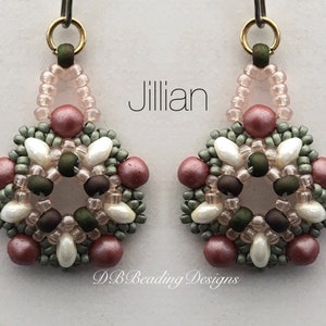 May include: A pair of earrings with a floral design. The earrings are made with pink, green, and white beads. The earrings are called "Jillian" and are by "DB Beading Designs".