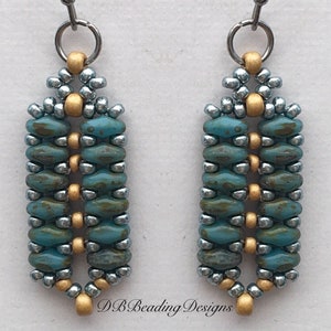 May include: A pair of dangle earrings with a geometric design. The earrings are made with turquoise, silver, and gold beads. The earrings are approximately 2 inches long.