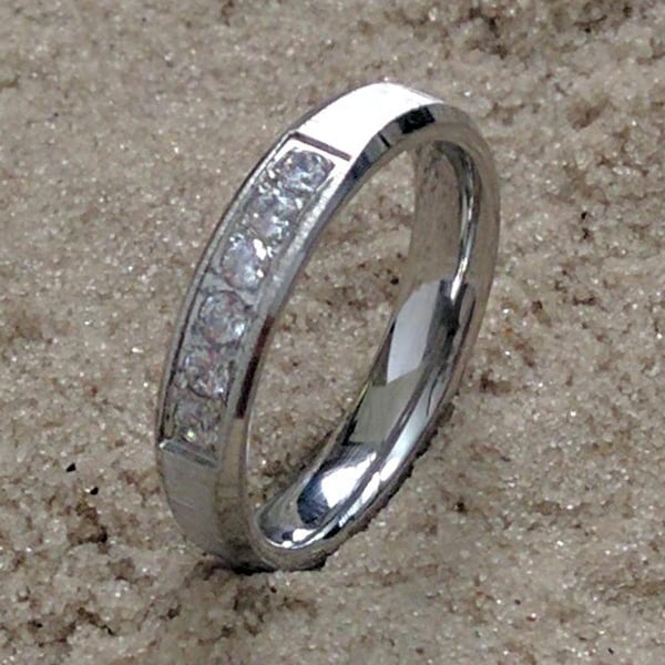 Contemporary Wedding Band Ring / Stainless Steel CZ Satin Finish Ring Band / Cubic Zirconia Ring / Promise Ring