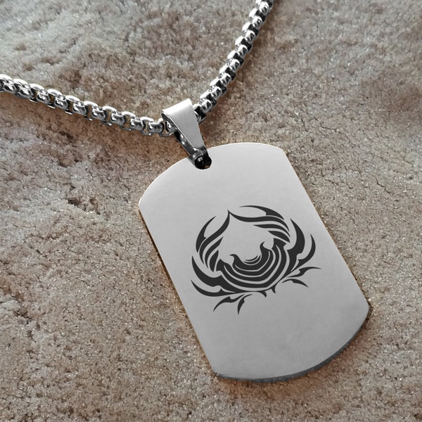 Pendant Necklace / Tribal Cancer Zodiac Crab Design / Stainless Steel Astrology Sign Dog Tag Chain / Black Gold Silver Color