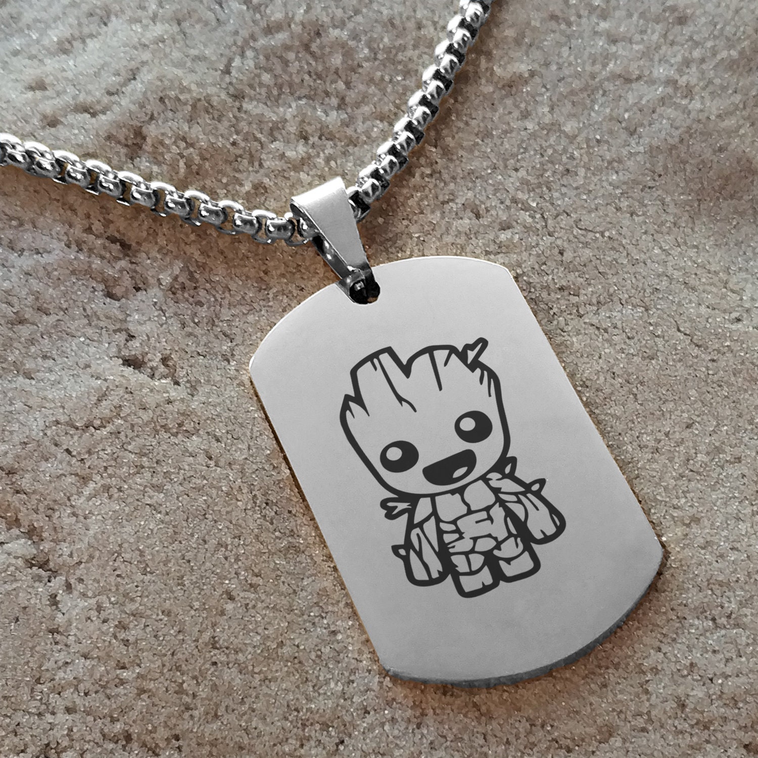 Anhänger Halskette / Baby Groot Design / Edelstahl Dog Tag Kette