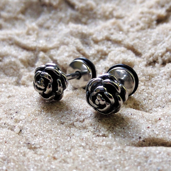 Fake Plug Earrings / Rose Flower Fake Gauge Earrings / Faux Rose Gauges Earrings / Fake Ear Plugs / Stainless Steel Post Earrings Pair