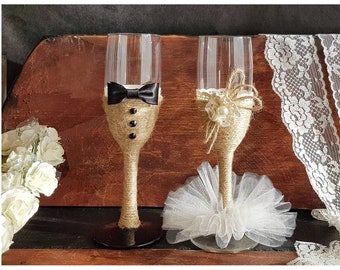 Flûtes à champagne pour votre mariage champêtre, cadeau vintage à offrir aux mariés