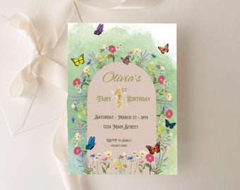 May include: A whimsical invitation for Olivia's 1st birthday, featuring a fairy theme. The design includes a floral arch, butterflies, and the text "Olivia's 1st Fairy Birthday." The invitation is set against a soft green background with the date, time, and location.