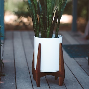 May include: A potted snake plant with green leaves sits on a white planter with a wooden stand. The stand has four legs and is made of dark brown wood.