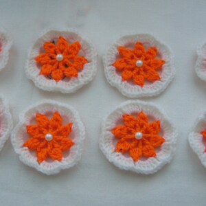 8 bright handmade crochet flowers, embellishments for spring and summer - orange and white acrylic wool - pearly beads