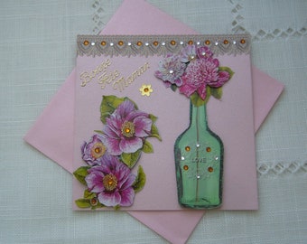 Fête des mères - Carte double  3D faite  main -  fond rose  irisé  -  fleurs pailletées - strass et stickers - envelopper assortie