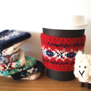 Fairisle Design Coffee Cup Cozy -Hand knitted with 100% wool-