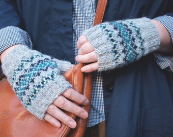 Short length/ Fair isle  Design Fingarless Gloves