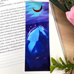 Orcas and Moon Red Foil Bookmarks, Magic fantasy dolphins wales in the water, cute reading