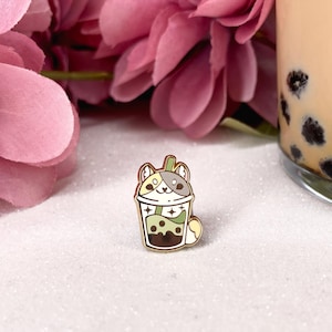 Mini Enamel Pin, Witch Cat Matcha Tea, cute japonese wizard animal, familiar bobba tea