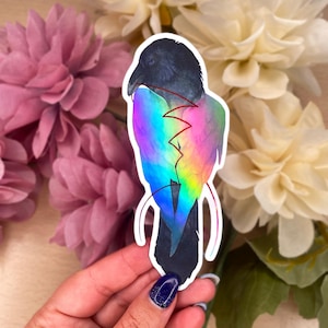 Flügel – holografische Premium-XL-Aufkleber, schwarzer Vogel, Krähe, Rabe mit weißen Flügeln, Fantasy-Kreatur, Natur