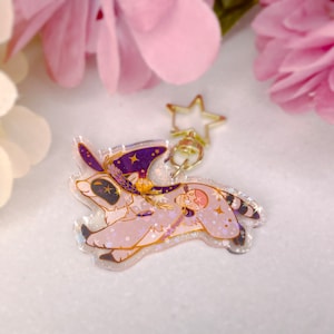 Può includere: Un ciondolo in acrilico trasparente con un gatto rosa e bianco che indossa un cappello da strega viola e oro con stelle. Il ciondolo è attaccato a un portachiavi a forma di stella dorata.
