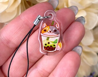 Bubble Tea Cat Phone Charm, Acrylic Epoxy Glitter, Matcha tea kawaii cute animal
