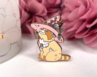 Enjoying spring Hard enamel pin, Witch Raccoon cute halloween familiar flowers