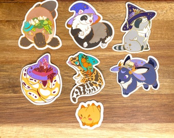 Enchanted Familiars Vynil Stickers. Platypus, Ferret, Raccoon, Python, Gecko, Wolpertinger, Pumkat. Witch halloween animal familiar wizard