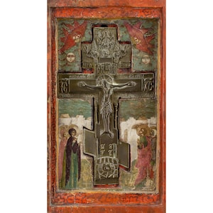 Early 18th-Century Russian Icon, Volga Masters (Circle), The Crucifixion, Antique Icon