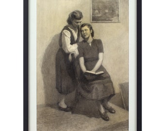 Vintage Drawing, Boris Sporykhin, Interior With Girls Reading