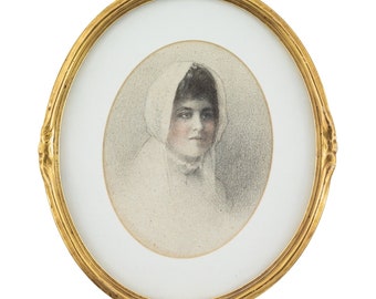 Antique Drawing, 19th-Century English School, Portrait Of A Young Lady