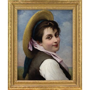 Giovanni Rota, Portrait Of A Girl In A Straw Hat, Antique Oil Painting, Fine Art
