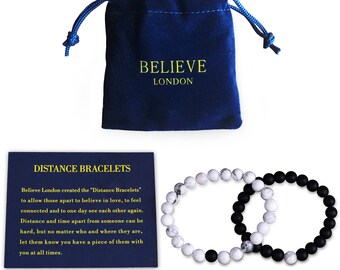 Long Distance Bracelets Relationship Friendship Couples His Hers Black Agate Onyx White Howlite Stones Healing Energy Strong Elastic 2pcs