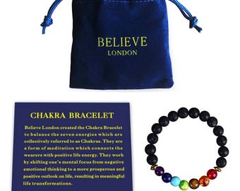 Believe London® Chakra Bracelet With Jewellery Bag & Meaning Card | 7 Chakra Natural Stone | Healing Reiki Yoga