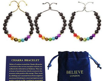 Believe London® Chakra Bracelet With Jewelry Bag & Meaning Card | Adjustable Bracelet To Fit Any Wrist 7 Chakra Natural Stone Healing