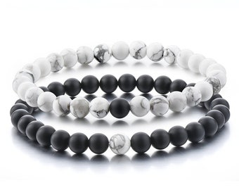 Fernarmband Beziehung Freundschaftspaare Seine Hers Schwarz Achat Onyx Weiß Howlith Steine Heilung Energie Stark elastisch 2Stk