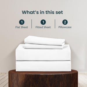 May include: A white bed linen set, comprising a flat sheet, fitted sheet, and two pillowcases, stacked on a wooden stool. The text "What's in this set" is displayed above the sheets.