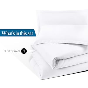 Puede incluir: Un juego de funda nórdica blanco, cuidadosamente apilado. El juego incluye una funda nórdica y fundas de almohada. El texto "What's in this set" es visible en un rectángulo azul. El texto "Duvet Cover 1" también es visible.