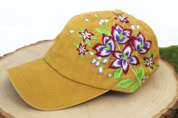 Hand Embroidered Flower Cap - Mustard Yellow Orange Cap 