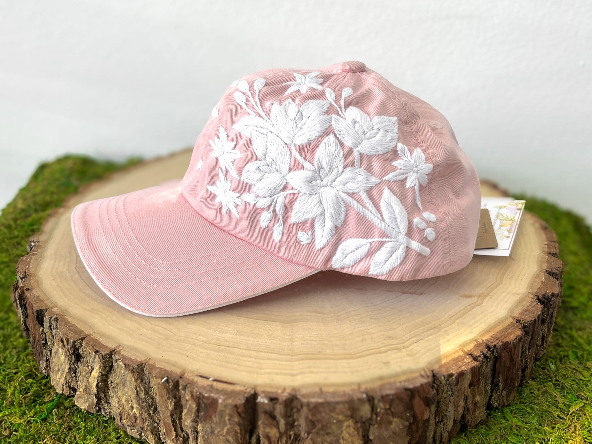 Hand Embroidered Flower Baseball Cap - Pink 100% Cotton Cap 