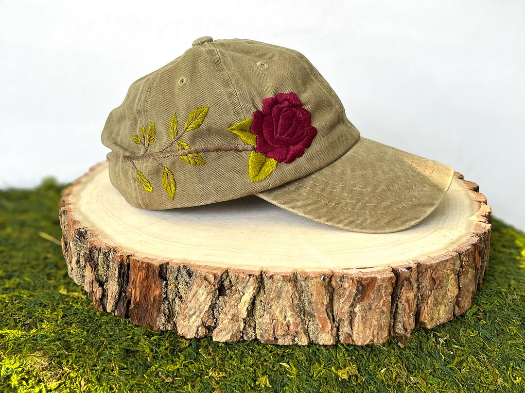 Red Wine Rose Hand Embroidered Olive Green Cap - Stem & Leaves - Rose ...