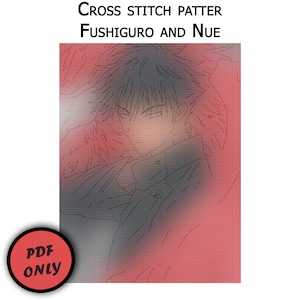 May include: Line art cross stitch pattern of a young man with dark hair, wearing a jacket. The pattern is on a red and grey background with the text "PDF ONLY" in a circle.