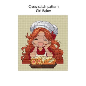 May include: Cross stitch pattern of a smiling girl baker with red hair, wearing a white chef's hat and apron. She is holding her face with her hands, and there is a tray of baked goods in front of her. The text "Cross stitch pattern Girl Baker" is at the top.