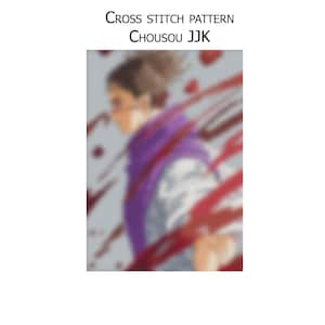 May include: A cross stitch pattern featuring a blurred image of a person with brown hair and a purple scarf. The image has red streaks and the text "Cross Stitch Pattern Chousou JJK" at the top.