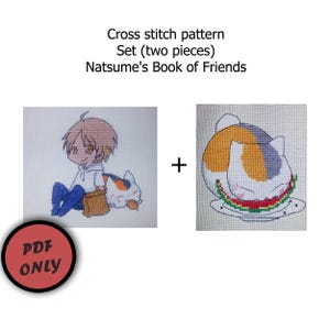 May include: Cross stitch pattern set of two pieces featuring a boy with a cat and a cat eating watermelon. The text "PDF ONLY" is in a red circle.