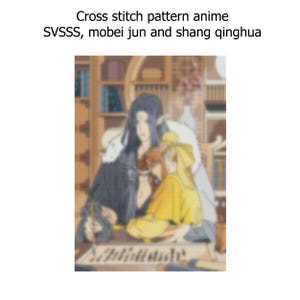 May include: A cross stitch pattern featuring three anime characters. The characters are sitting at a table and appear to be writing. The characters are dressed in traditional Chinese clothing. The background is a library with bookshelves and a window.