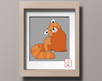 May include: A cross-stitch pattern of a red panda sitting with its tail curled around its body. The pattern is in a light gray frame with a PDF label in the bottom right corner.