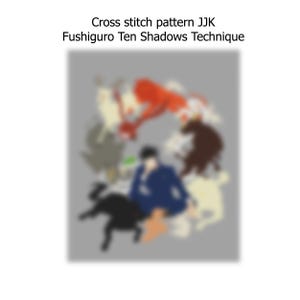 May include: Cross stitch pattern of a character surrounded by ten shadows, inspired by the "Fushiguro Ten Shadows Technique" from the anime series Jujutsu Kaisen.