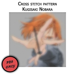 May include: Cross stitch pattern of a character with orange hair holding a knife. The character is wearing a blue shirt. The pattern is labeled "Kugisaki Nobara".