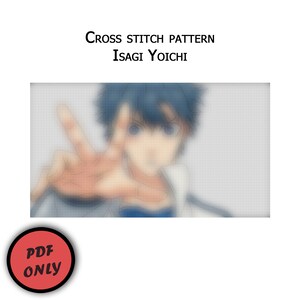 May include: Cross stitch pattern of Isagi Yoichi from the anime Blue Lock. The pattern is available as a PDF download only.